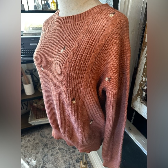 Hem & Thread Rust Sweater with Floral Accents Cable Knit - Picture 3 of 6